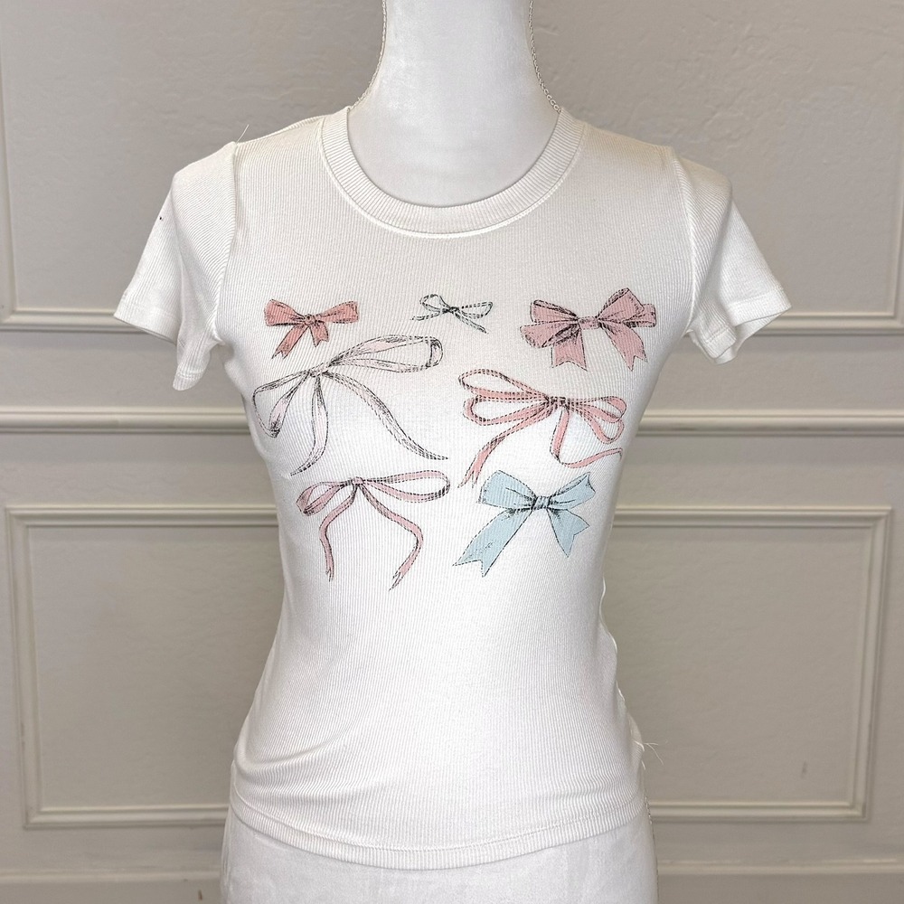 Hollister Tee‎ White Bow Graphic Short Sleeve Women's Size Small